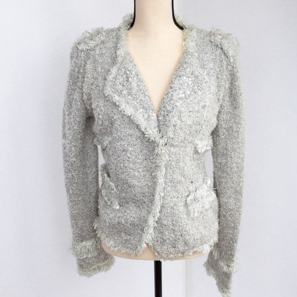 Soft light gray fringe trimmed fuzzy cardigan sweater with sequins by Monoreno S - Picture 3 of 9